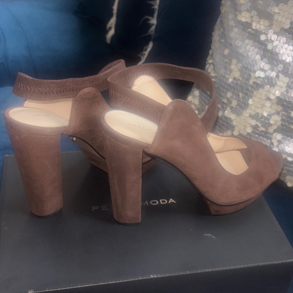 Pelle Moda Dark Brown Peep-Toe Heels - Picture 11 of 12